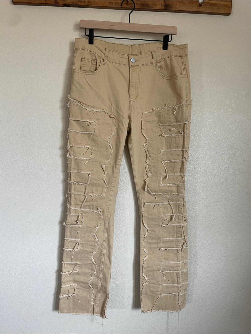 Beige Avant Garde Straight-Leg Women’s Jeans L Punk Raw Edge Festival Boho Indie